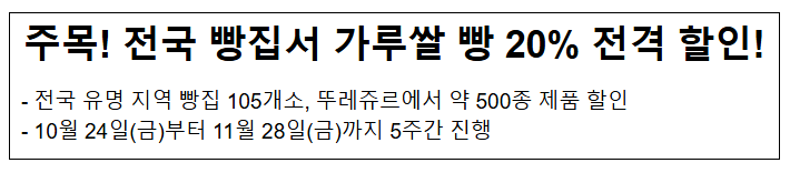  주목! 전국 빵집서 가루쌀 빵 20% 전격 할인!