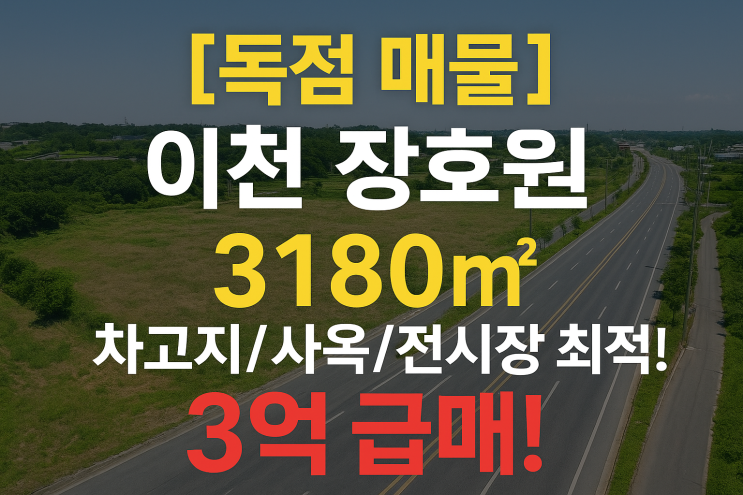  절대 놓쳐선 안 될 기회! 이천 장호원 4차선 대로변 3180 임야, 3억 급매 대박 찬스!