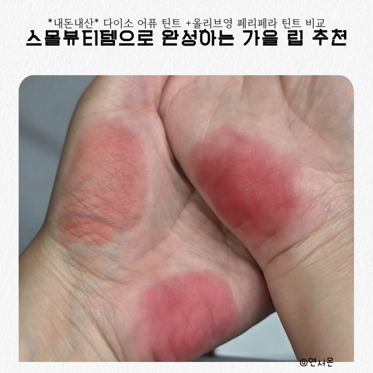  스몰뷰티템으로 완성하는 가을 립 추천, 다이소 어퓨 틴트 +올리브영 페리페라 틴트 비교