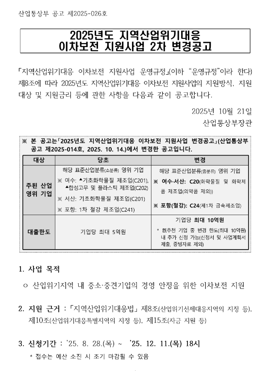 [전남ㆍ경북ㆍ충남] 2025년 2차 지역산업위기대응 이차보전 지원사업 변경 공고