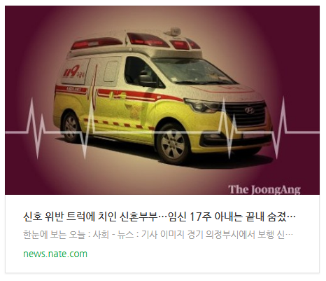 [뉴스] 신호 위반 트럭에 치인 신혼부부…임신 17주 아내는 끝내 숨졌다