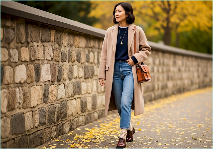  여자 발마칸 코트 코디, 늦가을 정취를 담은 세련된 데일리룩