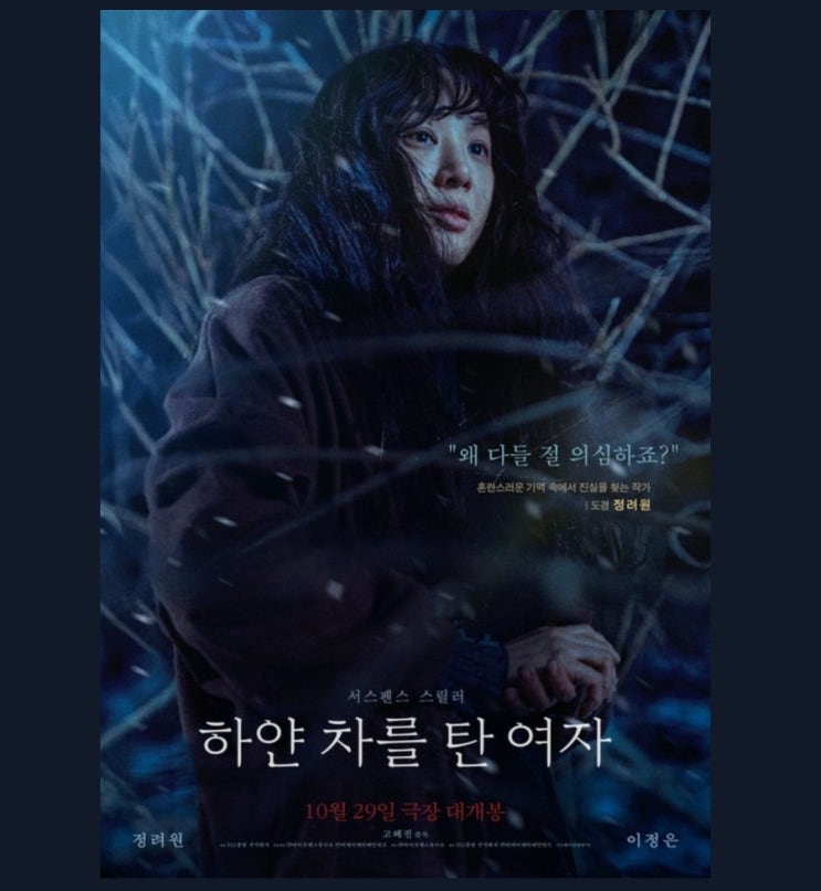 오늘 10월29일 개봉작 <b>하얀 차</b>를 탄 여자 /<b>정려원</b>,이정은