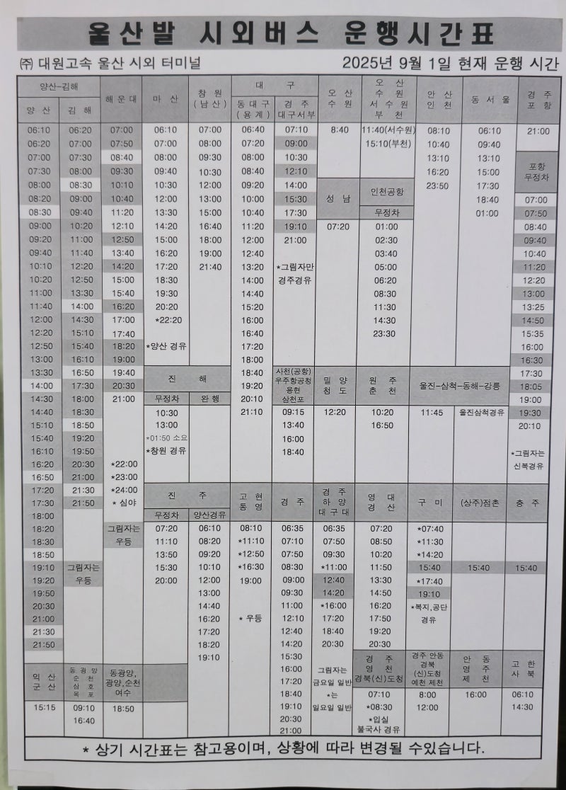 울산시외버스터미널 버스시간표(2025. 10. 25)