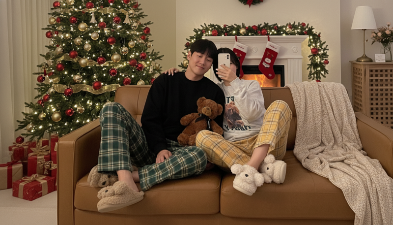 피치기모 커플 잠옷바지 빅사이즈 파자마 겨울 실내복 크리스마스 파티