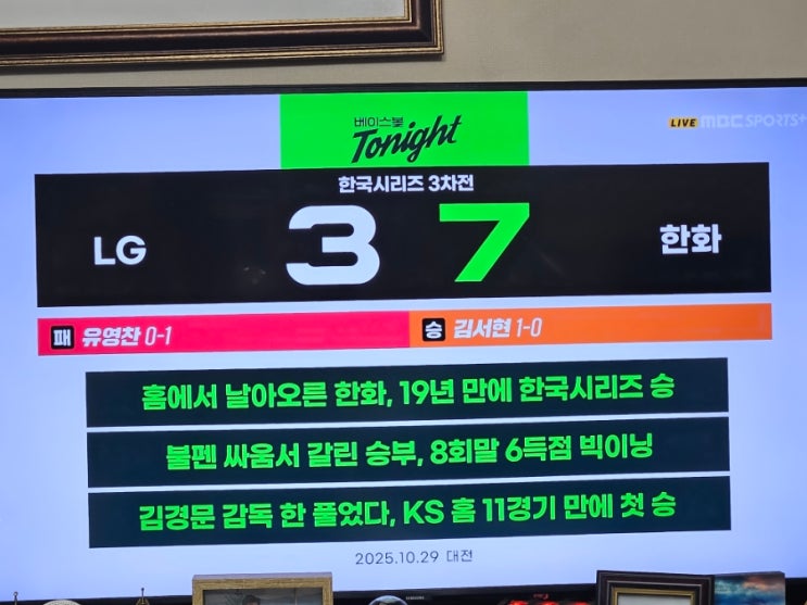 29 (수), 한화 7-3 <b>LG</b>, 한국시리즈 3차전, 8말 6점의 <b>대역전극</b>