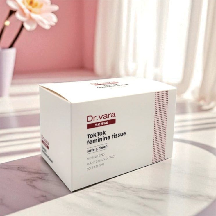  깔끔한 별색 2도 인쇄로 제작된 페미닌 티슈 5.5ml x 7매입 단상자 맞춤 제작 사례