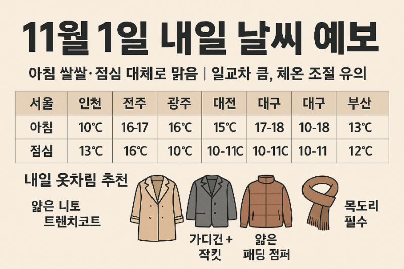 11월 1일 내일 날씨 예보 - 서울 인천 부산 대전 대구 광주 전주 기온과 옷차림 추천