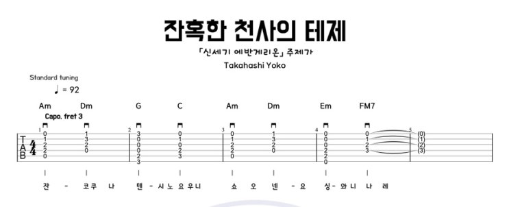  잔혹한 천사의 테제 - 에반게리온 OST 기타 코드 악보 | 빠른 16비트 리듬 연습곡