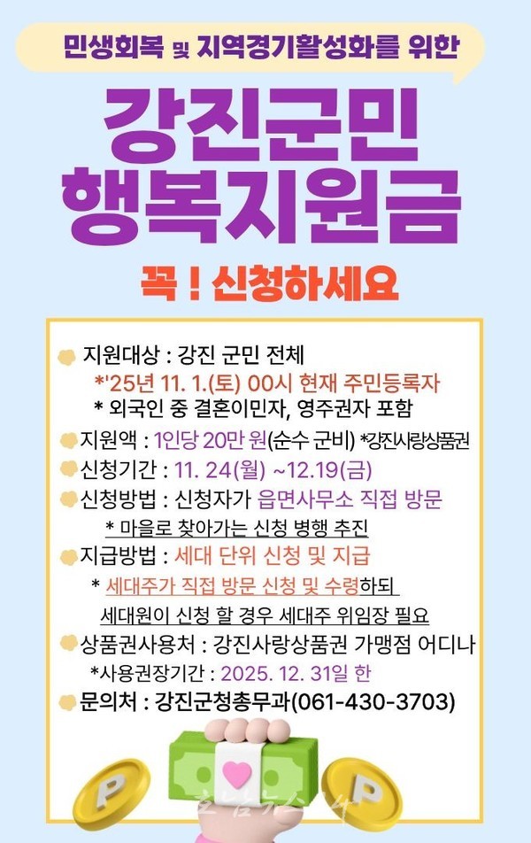 강진군, 11월 24일부터 군민행복지원금 1인당 20만원 지급