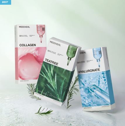  메디힐 베스트 에센셜 마스크팩 3종 30매 – 티트리 진정 · 콜라겐 탄력 · 히알루론산 고밀도 수분 케어”