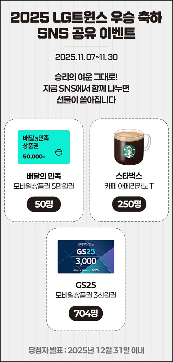  LG트윈스 우승 축하 SNS공유 이벤트(스벅등 1,004명)추첨~11.30