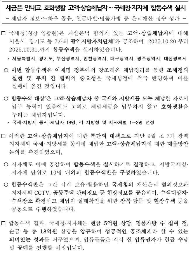 <b>고액 상습 체납자</b> - 국세청 지자체 합동수색