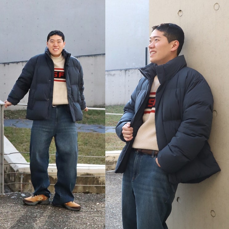  폴햄 숏패딩 & 데님 청바지 포근한 오리털 덕다운