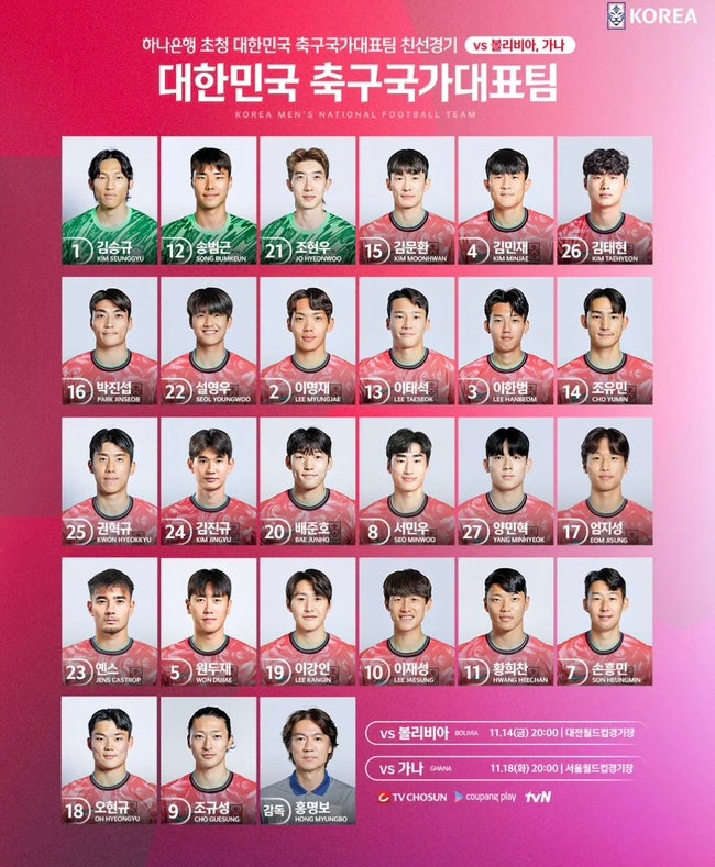 <b>홍명보호</b> ‘<b>완전체</b>’ 출격 !11월 14일 볼리비아전 라인업, 시간... 