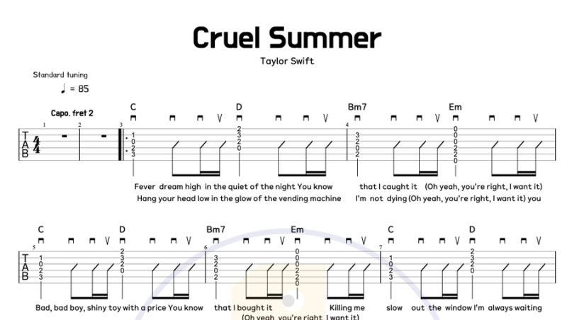 테일러 스위프트 Cruel Summer 기타 코드 타브악보 / 팝송 리듬 연습에 딱!