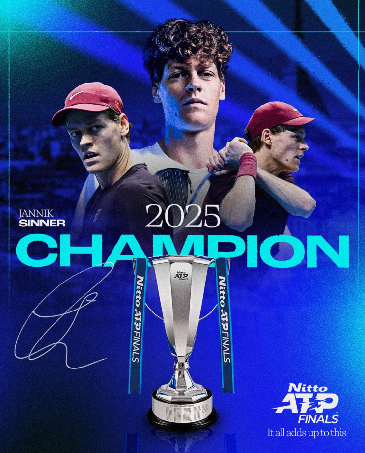 테니스 세계랭킹 2위 <b>신네르 알카라스</b> 꺾고 <b>ATP</b> 파이널스 2연패