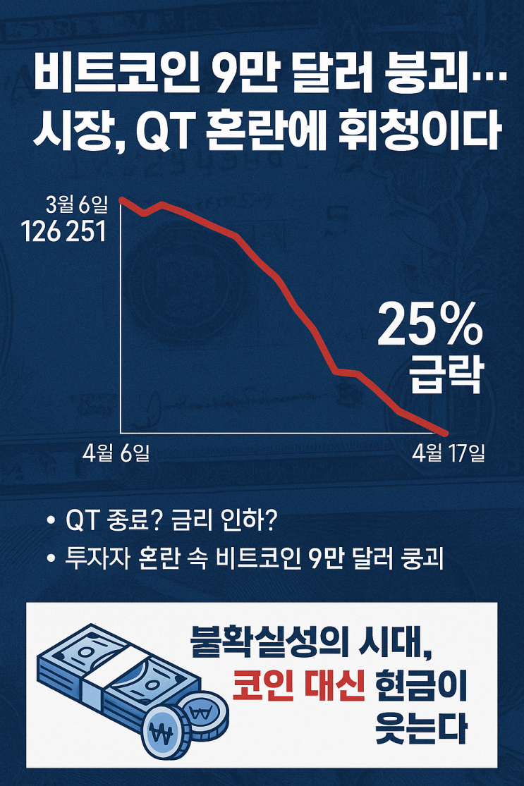 <b>비트코인 9만 달러 붕괴</b>, 시장 QT 혼란에 휘청이다.