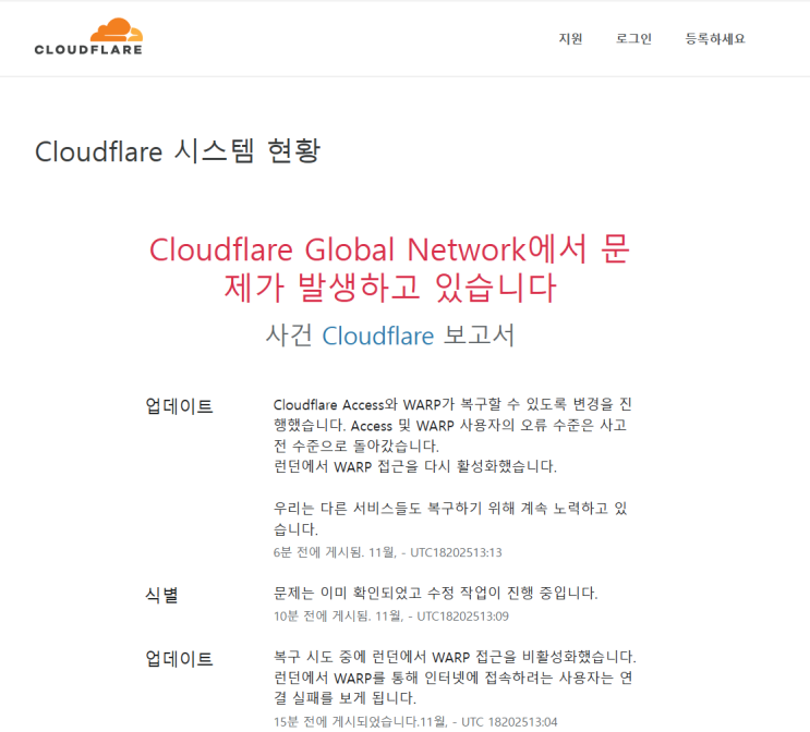 <b>클라우드플레어</b> Cloudflare 서비스 장애 <b>오류</b> 시스템 복구... 