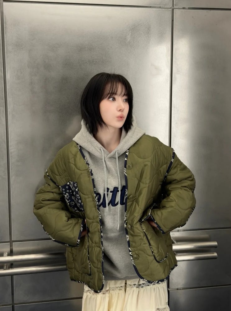  르세라핌 사쿠라 단발 귀여운 초겨울 퀄팅 자켓 코디
