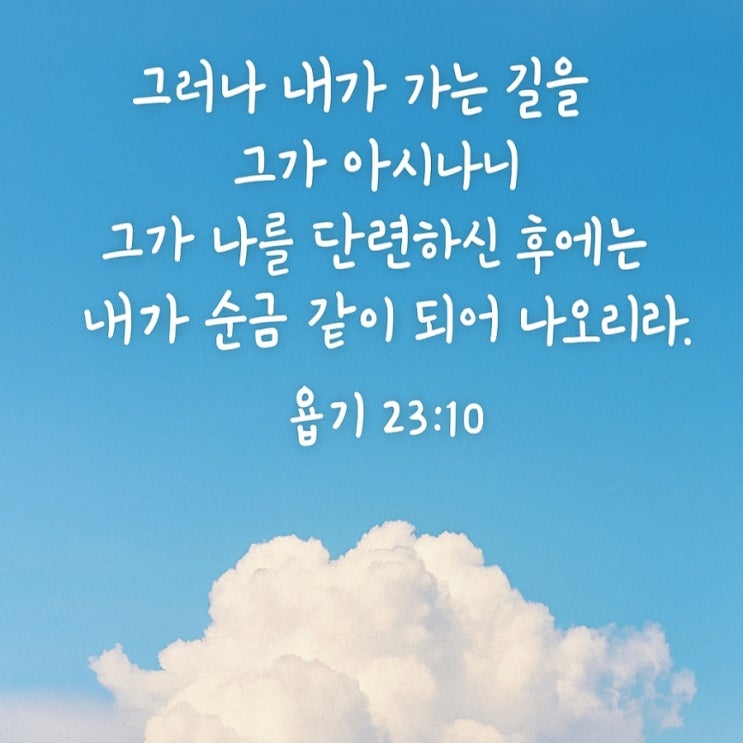  나의 가는 길을 오직 그가 아시나니, 그가 나를 단련하신 후에는, 내가 정금(순금) 같이 나오리라. 욥기 23장 10절