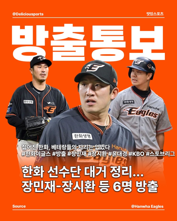 <b>한화</b> 선수단 대거 정리... <b>장민재</b>-장시환 등 6명 <b>방출</b>