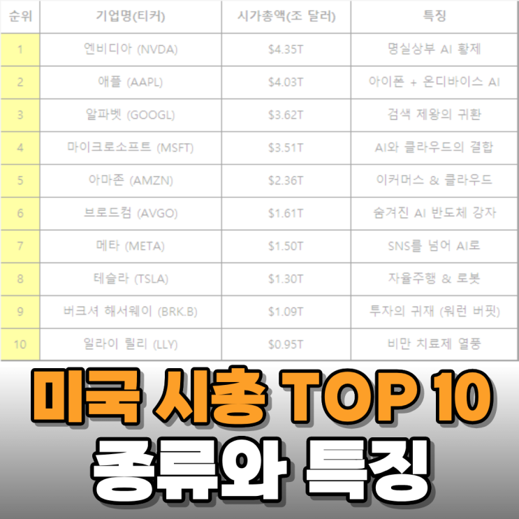  미국 주식 시가총액 순위 TOP 10 (대장주의 변화)