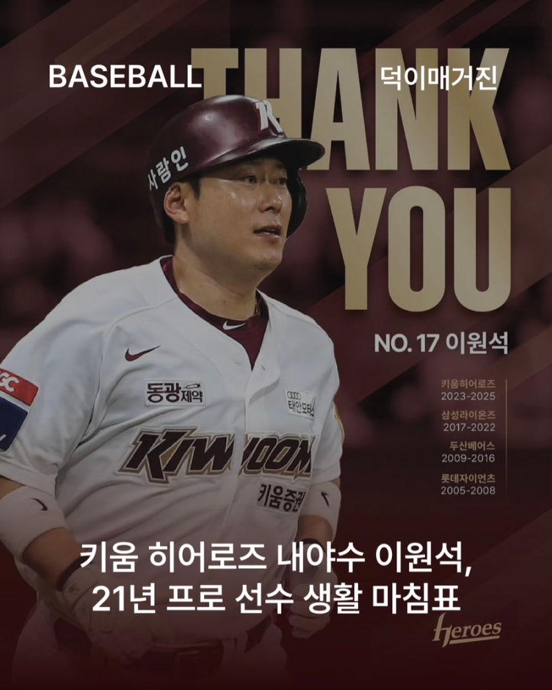 키움 히어로즈 내야수 이원석, 21년 프로 선수 생활 마침표