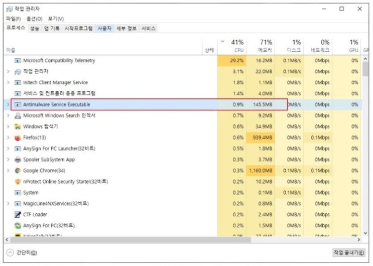  Antimalware Service Executable 메모리 점유율이 높아지면서 컴퓨터가 느려지고 있다면