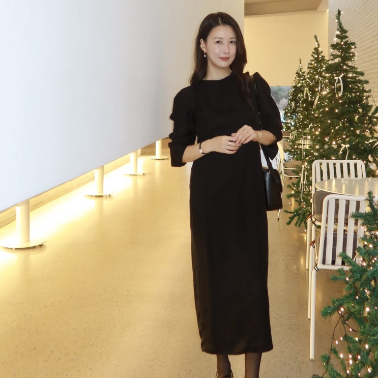  우아한 가을 겨울 하객룩 추천, 녹섭 글로시 롱원피스 하객원피스 코디