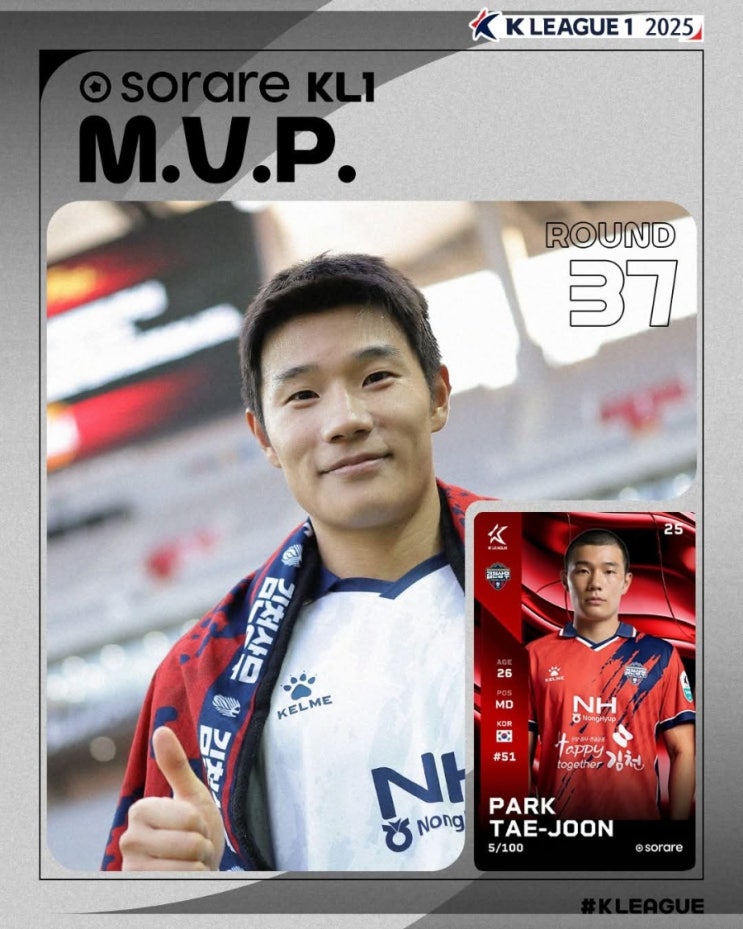 [오피셜] '1골 1도움' <b>박태준</b>, 37R <b>MVP</b>...K리그2 <b>MVP</b>는... 