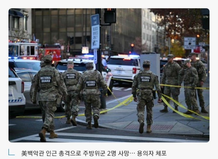 <b>백악관 인근</b> <b>총격</b>, <b>주방위군</b> 2명 사망…미국의 ‘총기 불안’... 