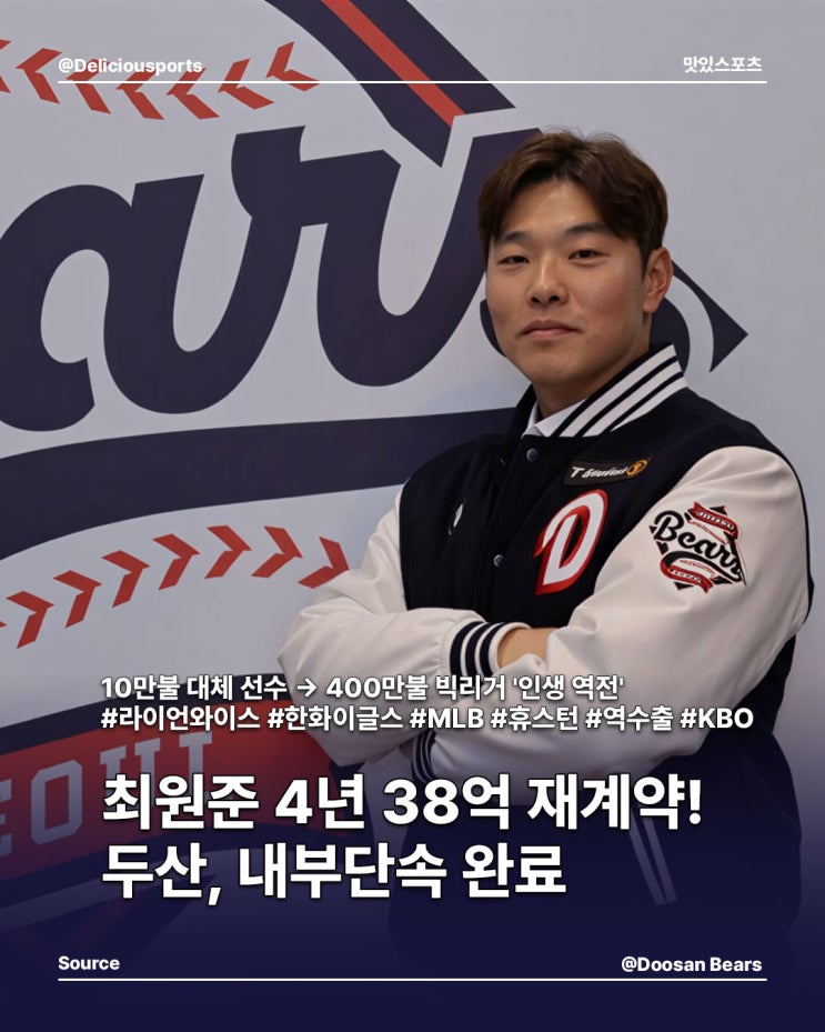 두산, 내부 단속 완료 '정신적 지주' <b>최원준 4년 38억 재계약</b> 완료