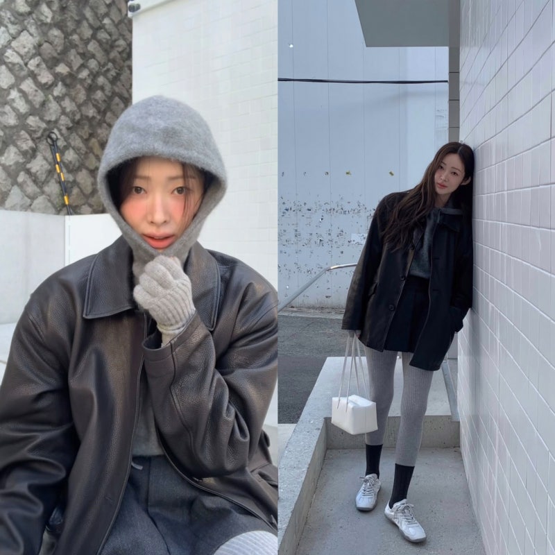초겨울의 끝자락엔 차정원처럼 시크한 가죽자켓 모노톤 코디! (렉토, 아모멘토, 휠라)