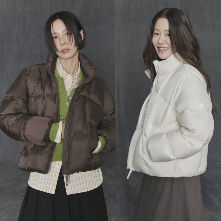  힙한 여자 숏 패딩 르세라핌 겨울아우터 브랜드 휠라