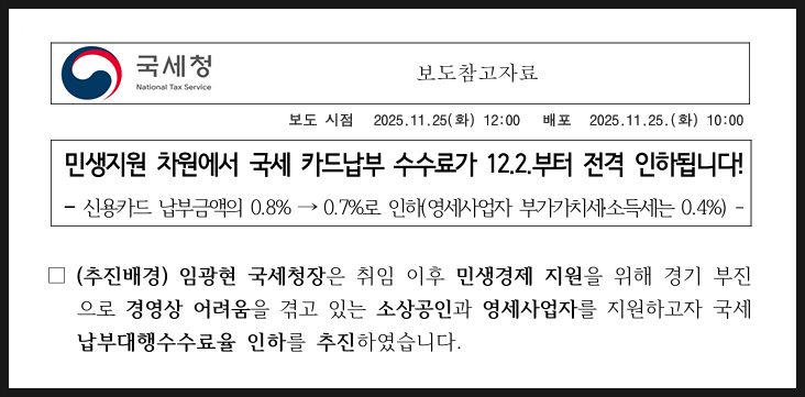 <b>국세</b> <b>카드</b><b>납부</b> <b>수수료</b> 2025.12.2부터 <b>인하</b>