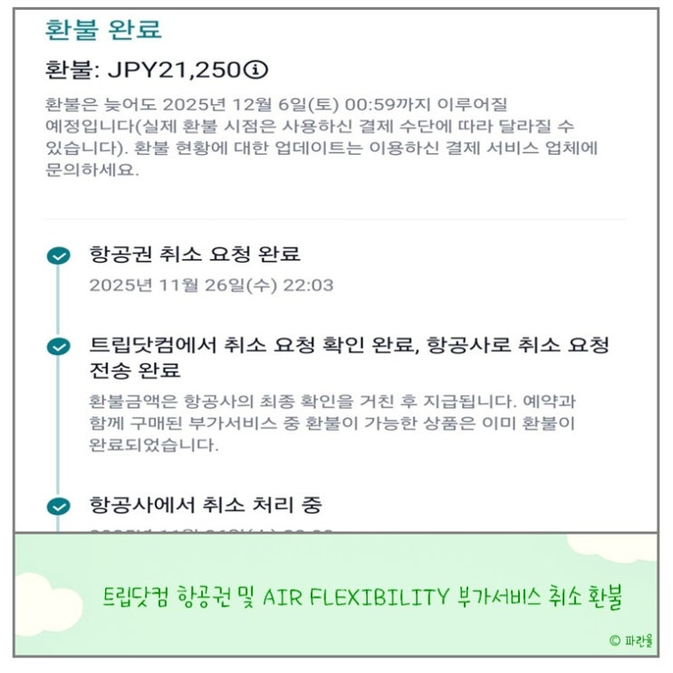  트립닷컴 항공권 및 Air Flexibility 부가서비스 취소 환불 방법 후기