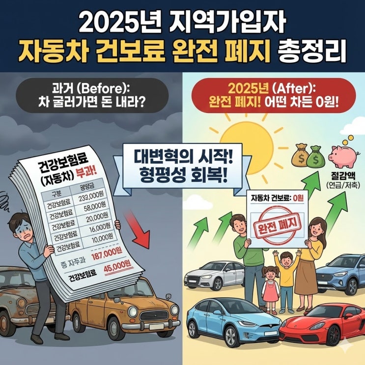  2025년 지역가입자 자동차 건강보험료 완전 폐지! 차종별 절감액 총정리 (피부양자 기준 포함)