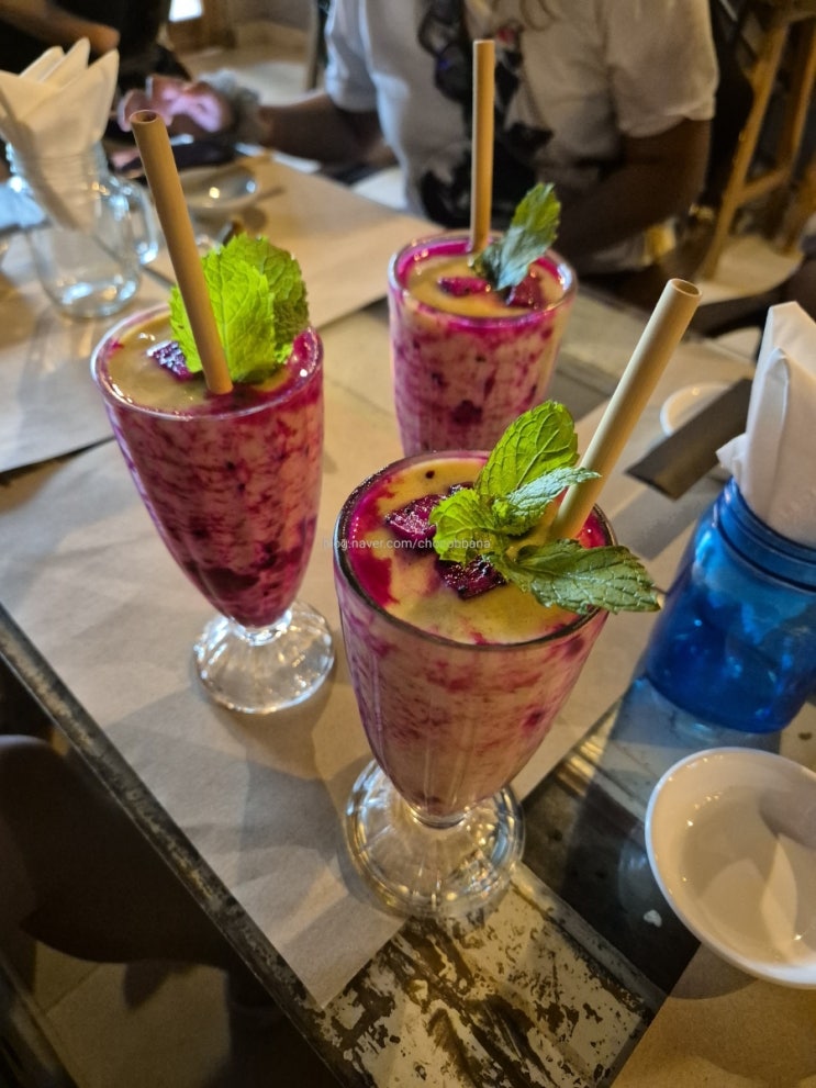  라부안바조 맛집 해피바나나 코모도 일식과 퓨전 캘리포니아롤 참치타르타르 군만두 여러가지 음식들과 음료 카페 레스토랑