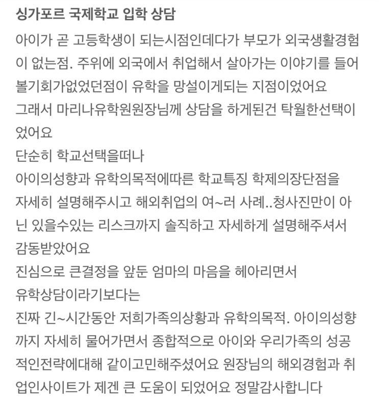  싱가포르 국제학교 주재원, 조기유학 상담 후기