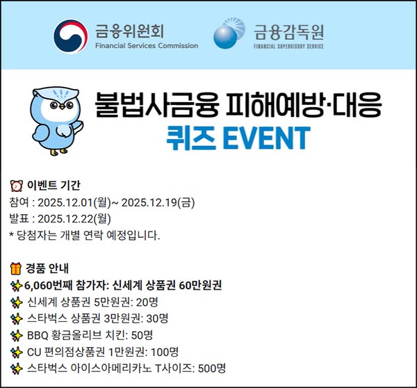  금융감독원 퀴즈이벤트(스벅등 701명)추첨~12.19