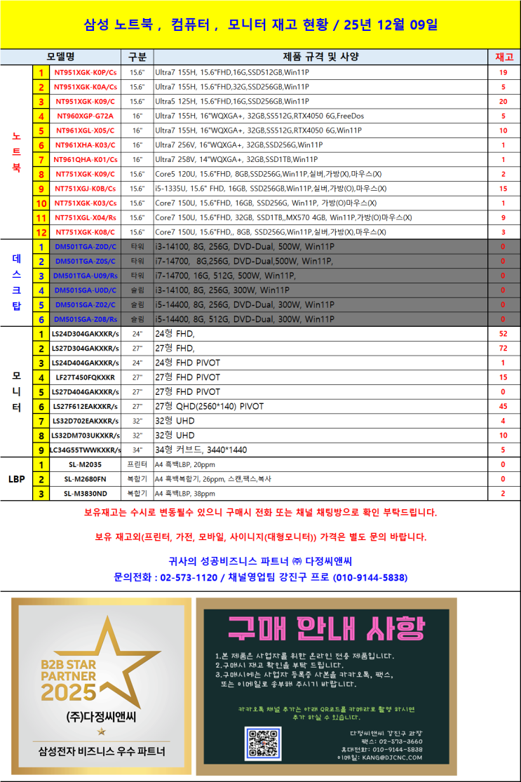  삼성 노트북·모니터·프린터 재고 현황 (2025년 12월 09일 기준)