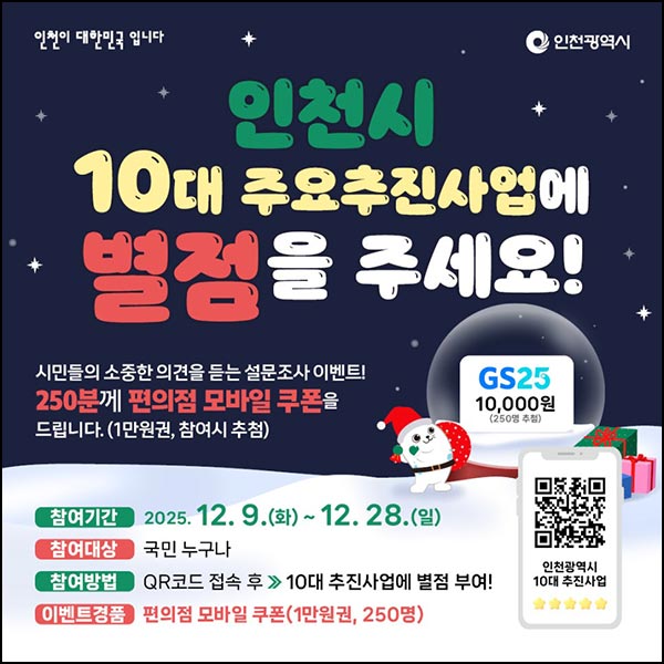  인천시 주요 추진사업 설문조사(GS25 1만원 250명)추첨~12.28