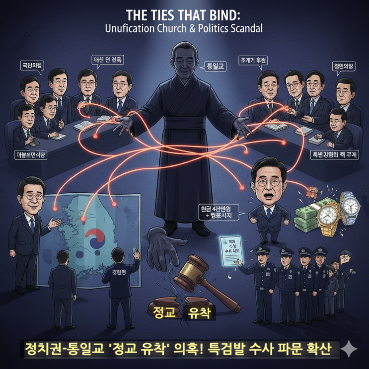 <b>통일교</b>-정치권 '<b>정교 유착</b>' <b>의혹</b> 확산: 전재수 장관 금품 수수... 