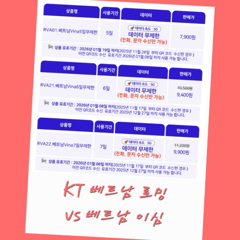 KT 베트남 로밍 vs 이심 요금제 가격 10% 할인 구매 방법