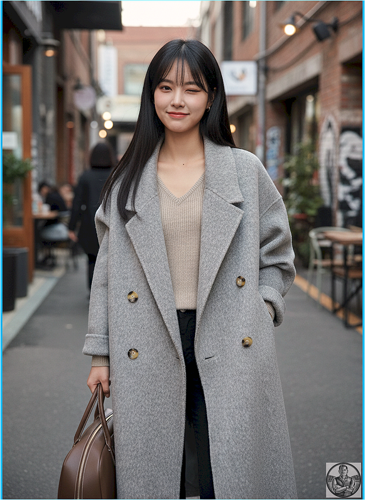  40대 여성을 위한 고급스러운 울 100% 그레이 롱코트 스타일링