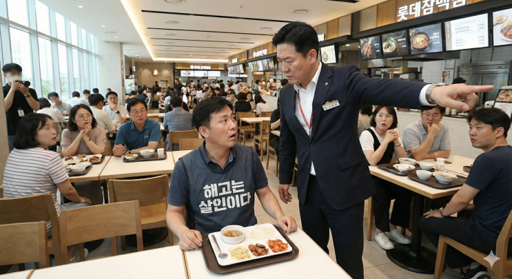 롯데백화점 잠실점, 노조 조끼 입고 밥 먹는 사람에게 나가라고? 지금이 어느 때인데...