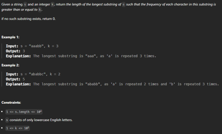  JAVA_LeetCode 395_Longest Substring with At Least K Repeating Characters
