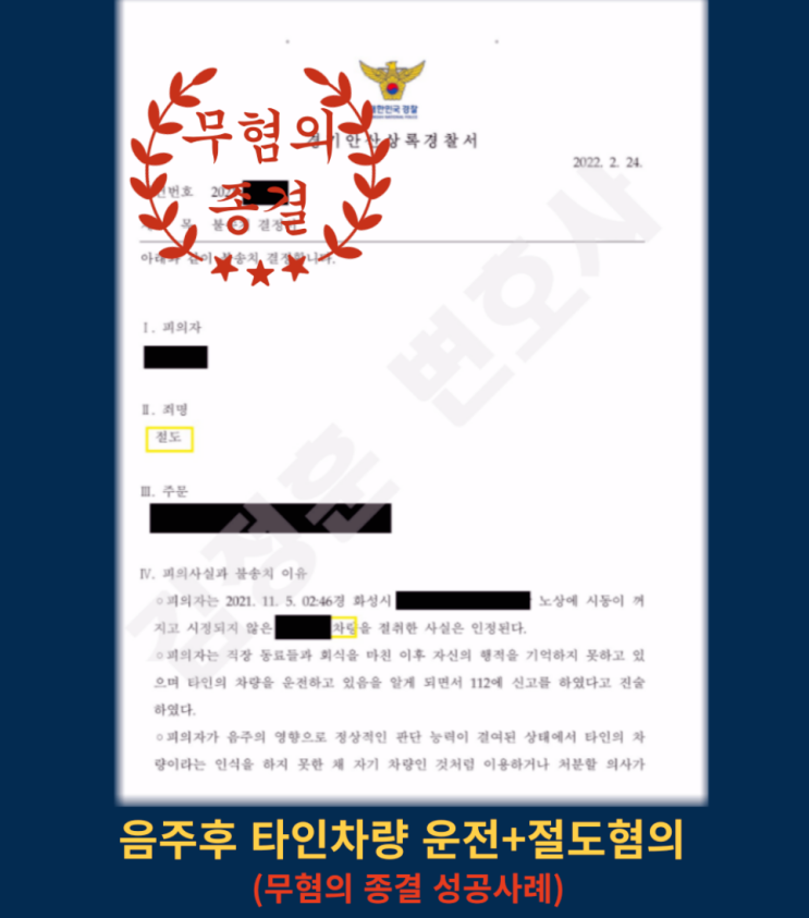  음주 후 타인 차량 운전, 절도 혐의까지… 무혐의로 정리된 경기분당변호사 사례