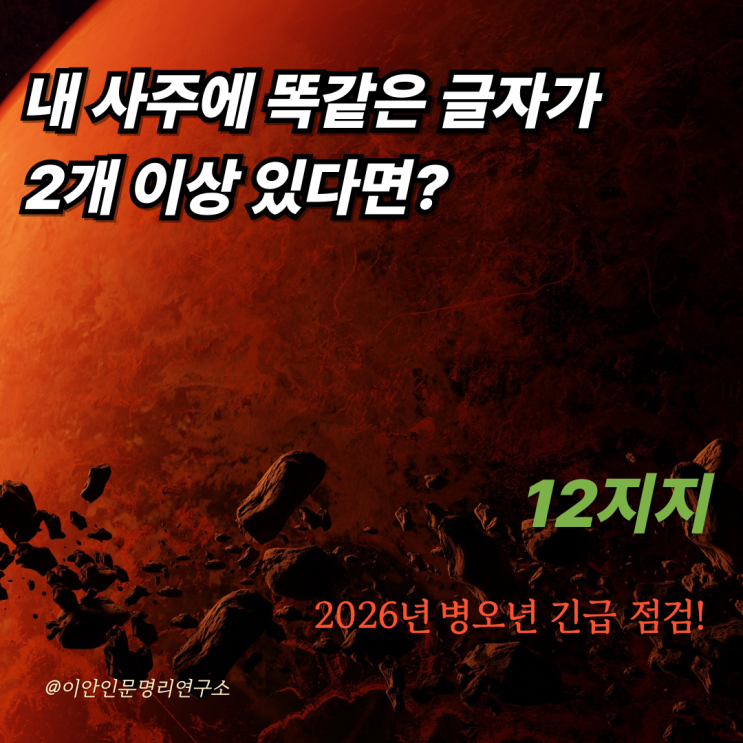  내 사주에 똑같은 글자가 2개 이상 있다면? (甲甲, 子子...) 2026년 병오년 긴급 점검! 12지지